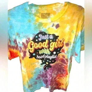 Buzz   MED‎ tie dye t shirt.Unisex sizing .Just a Good Girl with a Hood Playlist